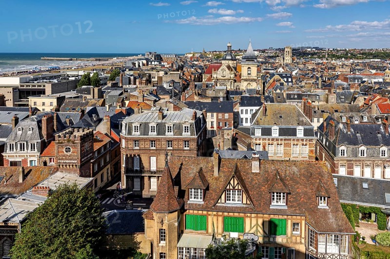 Town view with historic architecture and half-timbered houses on the coast under a blue sky, The town of Dieppe in Normandy, France