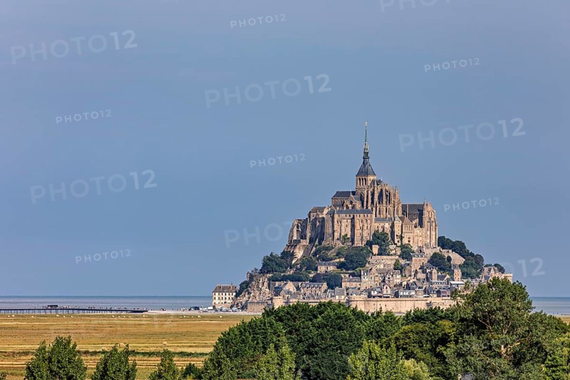 A castle sits majestically on the horizon, framed by trees and a clear sky, Mont Saint Michel in Normandy, France