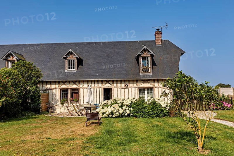 A half-timbered house with a white flowering bush and wooden bench on a well-tended lawn under a blue sky, Historic houses in Normandy, France