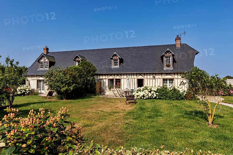 Half-timbered house in a rural setting with a green meadow and flowering plants under a bright sky, Historic houses in Normandy in France