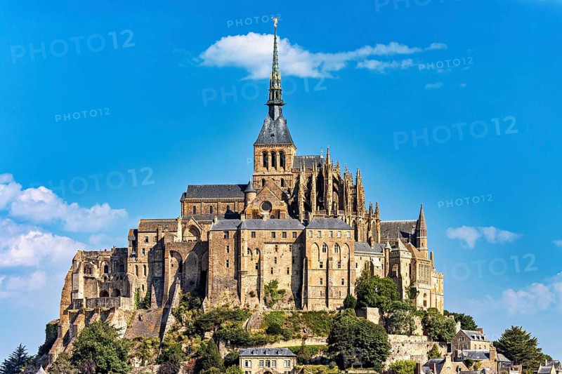 Close-up of the majestic architecture of Mont Saint-Michel in sunny weather, Mont Saint Michel in Normandy, France