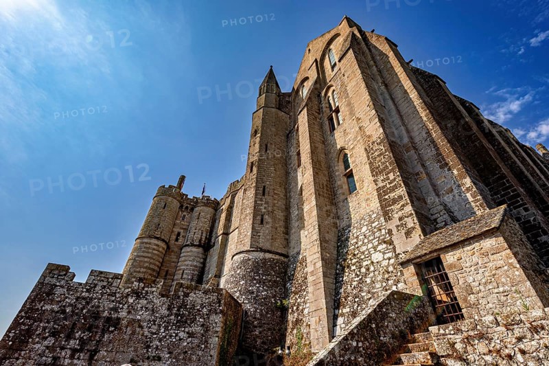 Close-up of the architecture of Mont Saint-Michel from a low perspective, Mont Saint Michel in Normandy, France