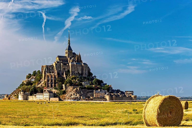 Imposing view of Mont Saint-Michel with a bale of straw in the foreground, Mont Saint Michel in Normandy, France