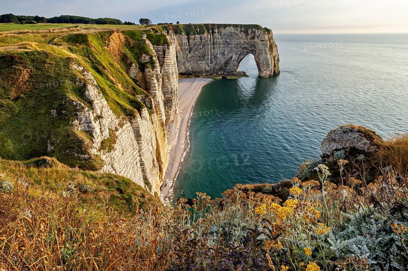 High cliffs with an impressive rock arch, surrounded by green vegetation, The cliffs and alabaster coast of Etretat in Normandy France