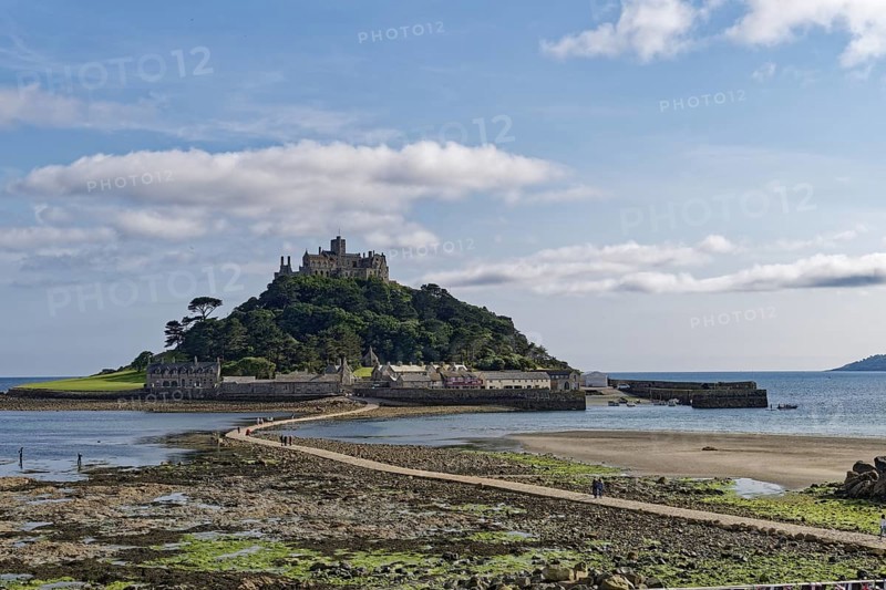 Saint Michael's Mount off the English coast in the English Channel. Marazion, Cornwall, South West England, Great Britain