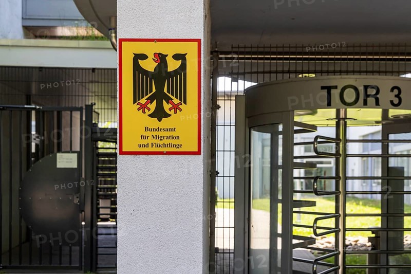 Federal Office for Migration and Refugees (BAMF) . Sign with federal eagle. Competent authority for asylum procedures in Germany. Karlsruhe, Baden-Württemberg, Germany