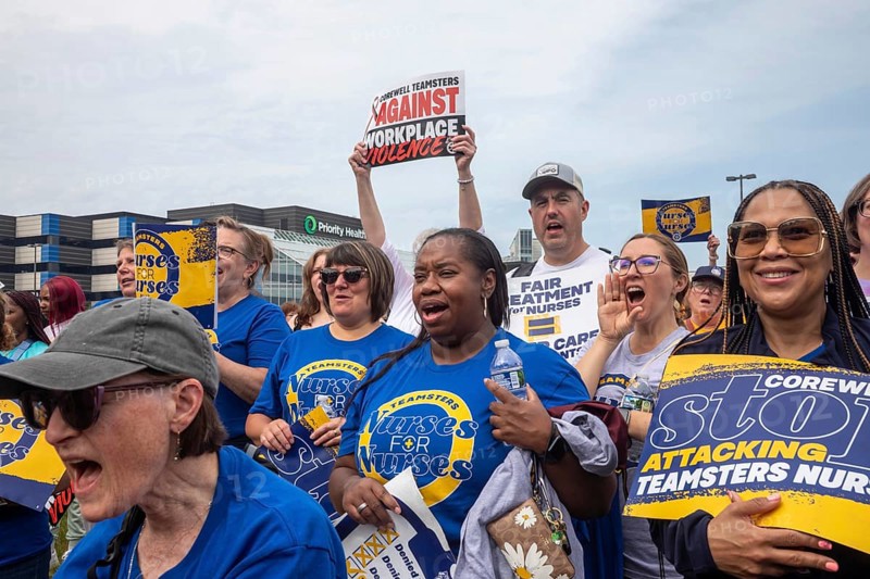 Southfield, Michigan - Nurses rally outside Corewell Health during their fight for a union contract. Corewell is the largest healthcare system in Michigan. Its 10, 000 nurses voted to join the Teamsters in late 2024 and are fighting for their first contract