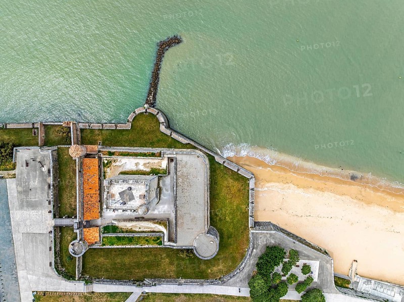 Top Down view over castle Fouras from a drone, Fouras-les-Bains, Charente-Maritime, Nouvelle-Aquitaine, France