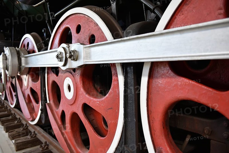 Driving wheels of the express train, steam locomotive P36 123 in the Prora Museum, Mecklenburg-Vorpommern, Germany