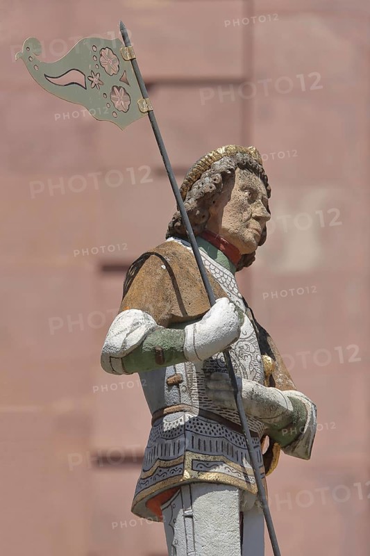 Sculpture of St George with lance, St George's Fountain, dragon slayer, detail, market fountain, market square, Ettlingen, Black Forest, Northern Black Forest, Baden-Württemberg, Germany