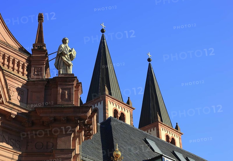 Detail of the Neumünster, Neumünster St John the Evangelist and St John the Baptist, former collegiate monastery, Neumünster Abbey, Neumünster collegiate monastery, in the background the towers of St Kilian's Cathedral, Würzburg, Lower Franconia, Bavaria, Germany