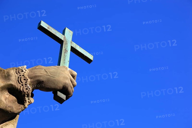 Detail of hand with cross, St John of Nepomuk on the Old Main Bridge, Würzburg, Lower Franconia, Bavaria, Germany