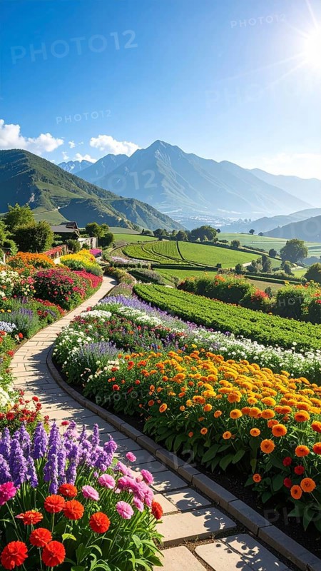 Bee-friendly garden design, colorful variety of blooming flowers in the summer, AI generated