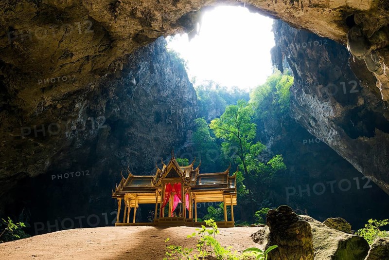 Temple in a stalactite cave, Phraya Nakhon Cave, Khao Sam Roi Yot National Park, Hua Hin, Prachuap Khiri Khan, Thailand