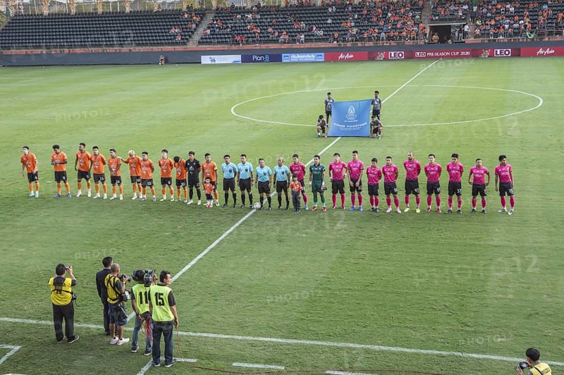 Thai Leaque players on the pitch at Singha Stadium in Chiang Rai, Thailand