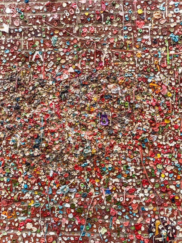 Stone wall with stick-on chewing gum, The Gum Wall, Seattle, Washington, USA, North America