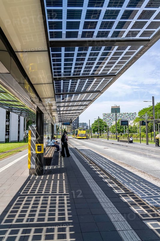 New bus and tram stops at Science Park Utrecht, Utrecht University, the stops have been redesigned, have LED lighting, video surveillance and a transparent solar roof, Netherlands