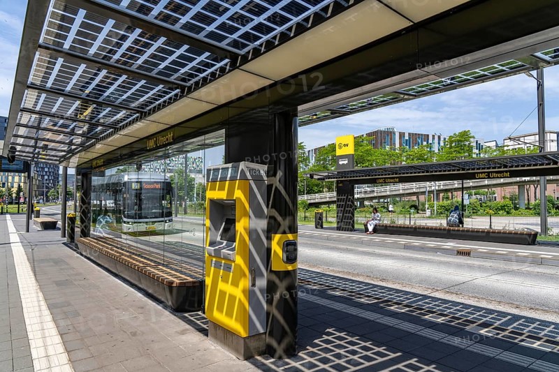 New bus and tram stops at Science Park Utrecht, Utrecht University, the stops have been redesigned, have LED lighting, video surveillance and a transparent solar roof, Netherlands