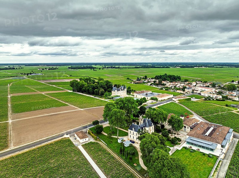Chateau Pichon Longueville Comtesse de Lalande and Chateau Pichon Longueville Baron Vineyard around Pauillac from a drone, Bordeaux, Gironde, Nouvelle-Aquitaine, France