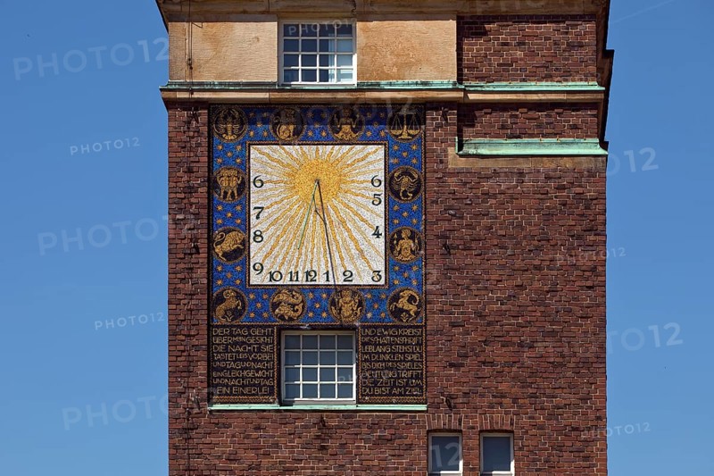 Sundial by Friedrich Wilhelm Kleukens on the Wedding Tower, south side, Mathildenhöhe, UNESCO World Heritage Site, Darmstadt, Hesse, Germany