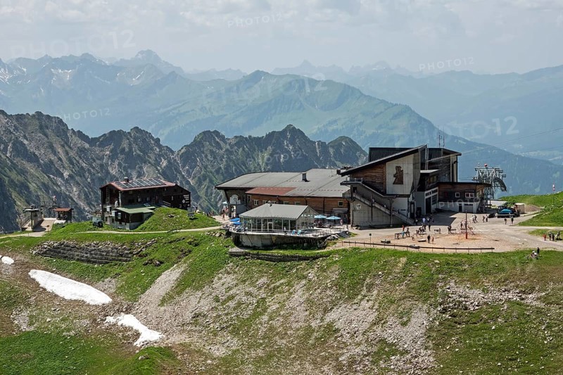 Edmund-Probst-Haus and Höfatsblick mountain station of the Nebelhornbahn, behind mountains of the Allgäu Alps, Oberstdorf, Oberallgäu, Bavaria, Germany