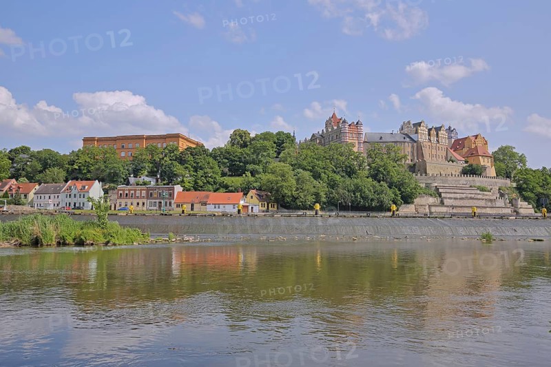 View of Carolinum Castle and Gymnasium with river Saale, Saale Valley, Renaissance, Landmark, Bernburg, Saxony-Anhalt, Germany