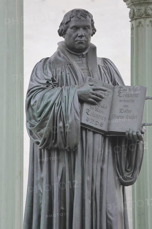 Luther monument with Bible and New Testament, Martin Luther, inscription, hands, carry, open, open, present, market square, Luther city Wittenberg, Fläming, Saxony-Anhalt, Germany