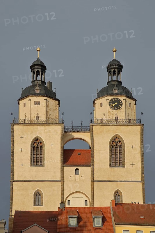 Towers of St Mary's Church UNESCO, twin towers, light atmosphere, town church, market square, Luther city Wittenberg, Fläming, Saxony-Anhalt, Germany