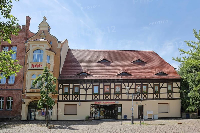 Historic town pharmacy, half-timbered house, market, Bitterfeld, Saxony-Anhalt, Germany