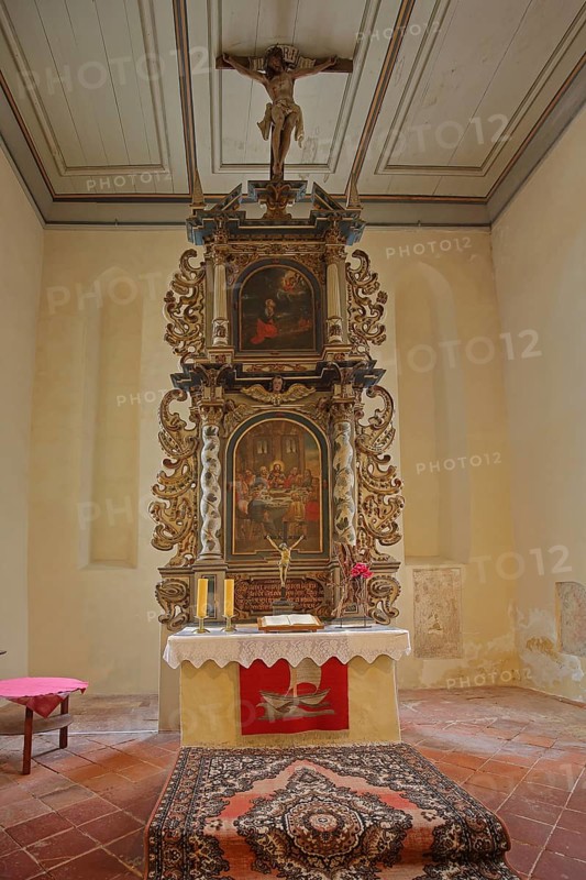 High altar of the baroque St Mary's Church, interior view, carpet, Gräfenhainichen, Saxony-Anhalt, Germany
