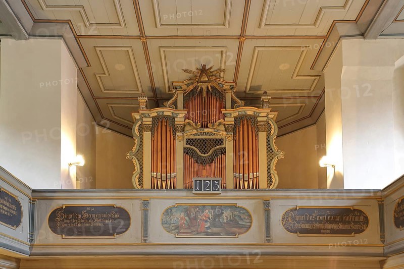 Organ of the baroque St Mary's Church, interior view, Gräfenhainichen, Saxony-Anhalt, Germany