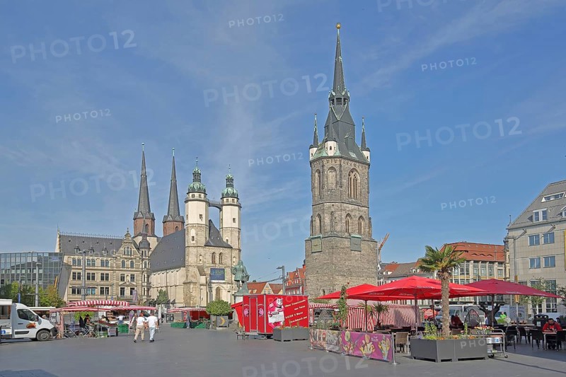 Market square with Red Tower and late Gothic market church with twin towers, landmark, people, pedestrian, symbol, sign, banner, in love, in, love, market, market stalls, Handel monument, five, towers, Halle an der Saale, Saxony-Anhalt, Germany