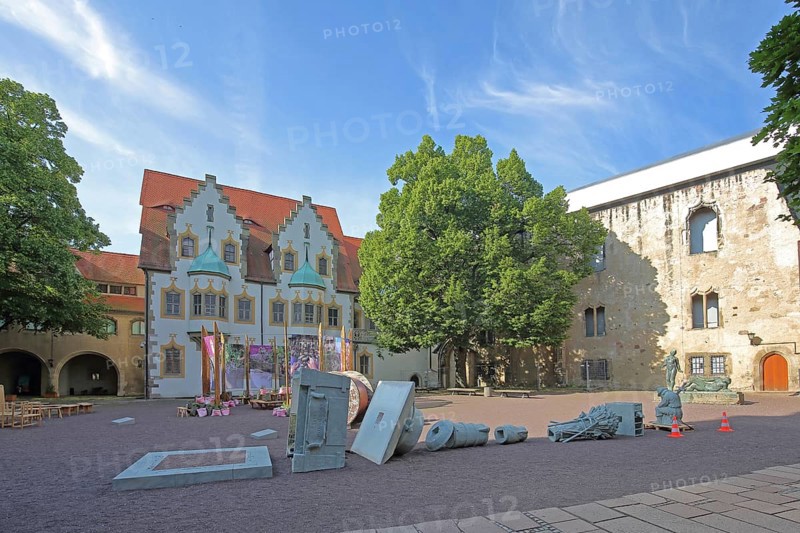 Art installation and sculptures in the inner courtyard of the art museum, Moritzburg, Halle an der Saale, Saxony-Anhalt, Germany