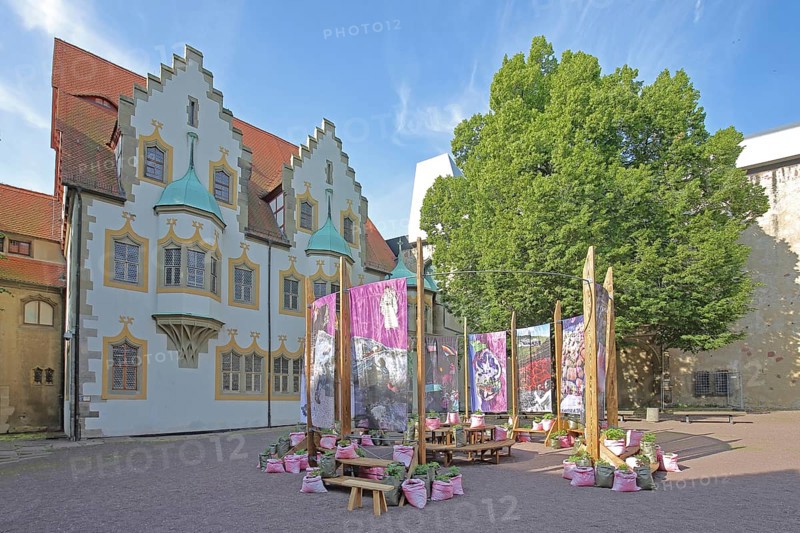 Art installation The Testimonies of the Potato in Defence of the Earth by Åsa Sonjasdotter 2025, memorial, courtyard, Moritzburg Art Museum, Halle an der Saale, Saxony-Anhalt, Germany