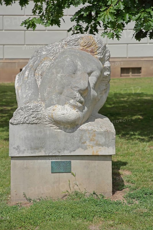Monument to the poet and writer Heinrich Heine, stone sculpture, head, oversize, University Square, University, Halle an der Saale, Saxony-Anhalt, Germany