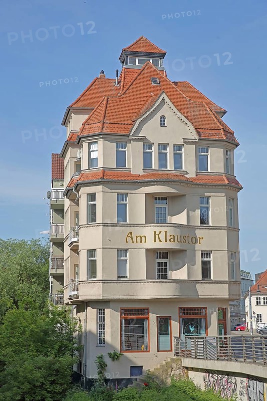 Building Klaustor, inscription, Klausbrücke, Halle an der Saale, Saxony-Anhalt, Germany