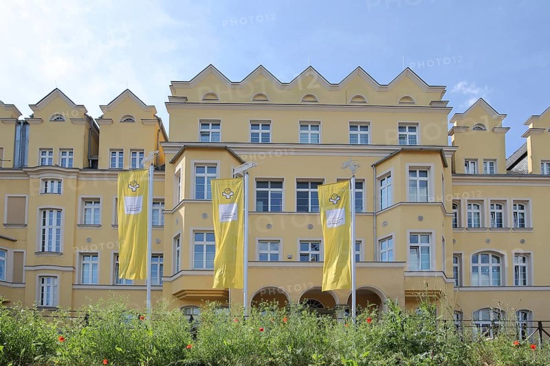 St Elisabeth Hospital with flags, Halle an der Saale, Saxony-Anhalt, Germany