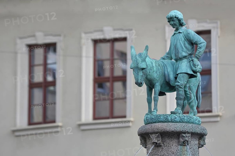 Donkey fountain by Heinrich Keiling 1905, donkey figure with shepherd, shepherd, donkey figure, water jets, sculpture, fountain, detail, Alter Markt, Halle an der Saale, Saxony-Anhalt, Germany