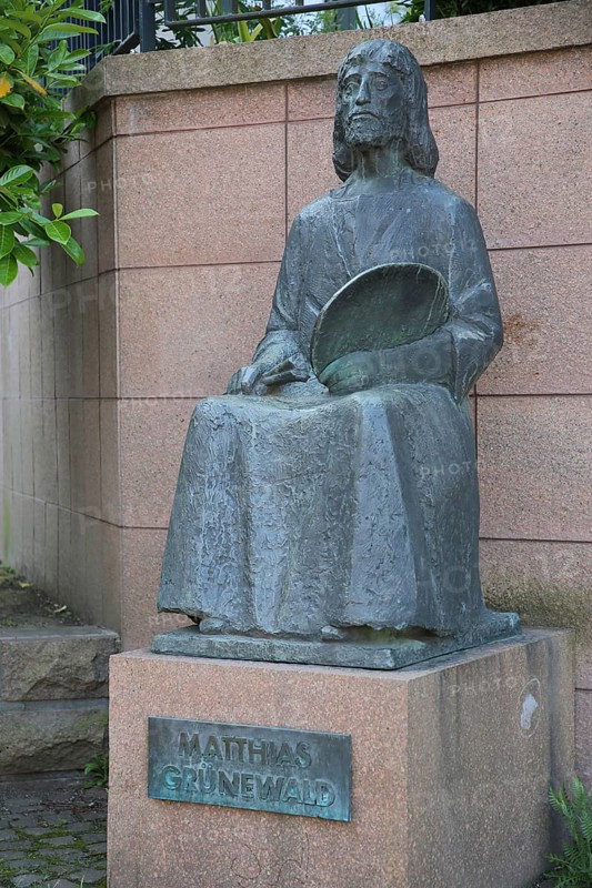 Monument to Matthias Grünewald, Renaissance painter and engineer, inscription, Halle an der Saale, Saxony-Anhalt, Germany