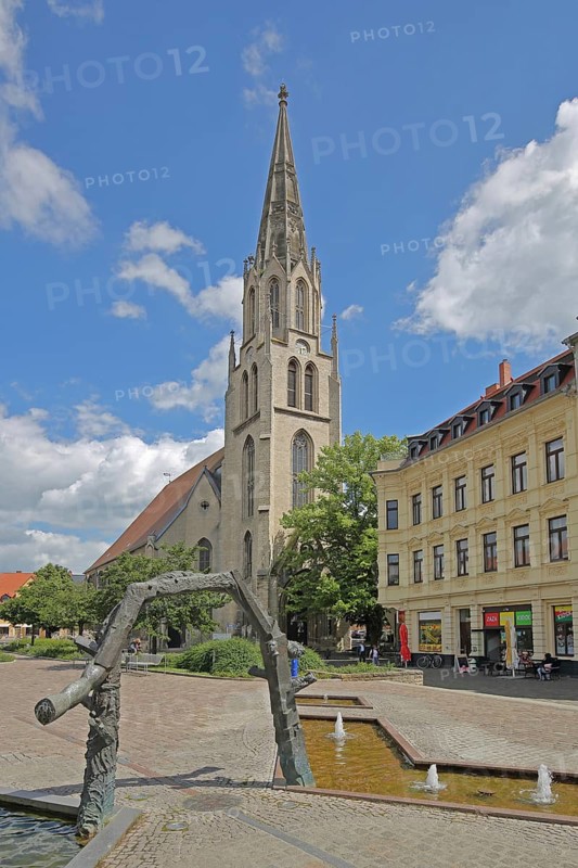 St Maximi's Church and Two Worlds Fountain by Bernd Göbel, Entenplan, Merseburg, Saxony-Anhalt, Germany