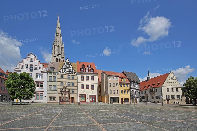 Market square with historic houses, old town hall and steeple of St Maximi's Church, Merseburg, Saxony-Anhalt, Germany