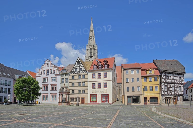 Market square with historic houses and steeple of St Maximi's Church, Merseburg, Saxony-Anhalt, Germany