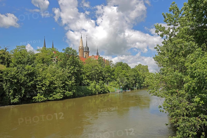 Saale river with cathedral and castle, Saale valley, Merseburg, Saxony-Anhalt, Germany