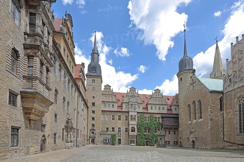Inner courtyard with tower of the castle built in 1265 and cathedral, art history museum, landmark, Merseburg, Saxony-Anhalt, Germany