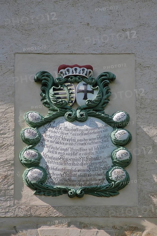 Coat of arms with text at the entrance to the castle and museum, detail, Lützen, Saxony-Anhalt, Germany