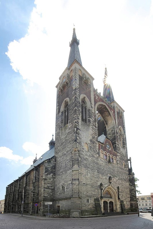 Late Gothic St Jacob's Church with backlight, Köthen, Saxony-Anhalt, Germany
