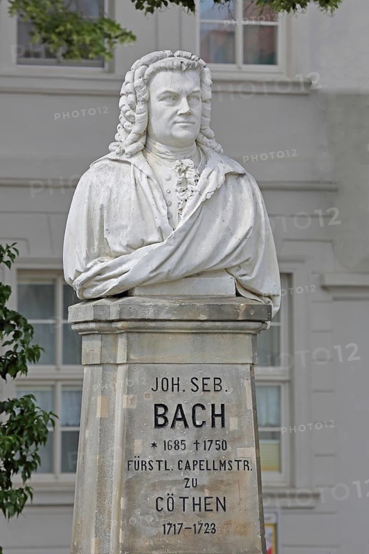 Bach monument, bust, Johann Sebastian Bach, sculpture, inscription, date, memorial, Bachplatz, Köthen, Saxony-Anhalt, Germany