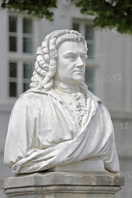 Bach monument, bust, Johann Sebastian Bach, sculpture, inscription, memorial, Bachplatz, Köthen, Saxony-Anhalt, Germany