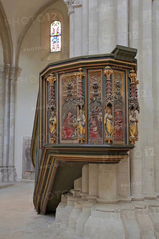 Pulpit with wood carving and decorations from the late Romanesque UNESCO Cathedral of St Peter and Paul, interior view, arts and crafts, Saale, Naumburg, Romanesque Road, Saxony-Anhalt, Germany