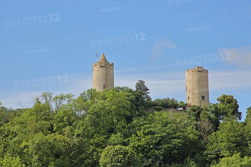 Castle with towers in the forest, Saaleck, Bad Kösen, Saale, Naumburg, Saxony-Anhalt, Germany